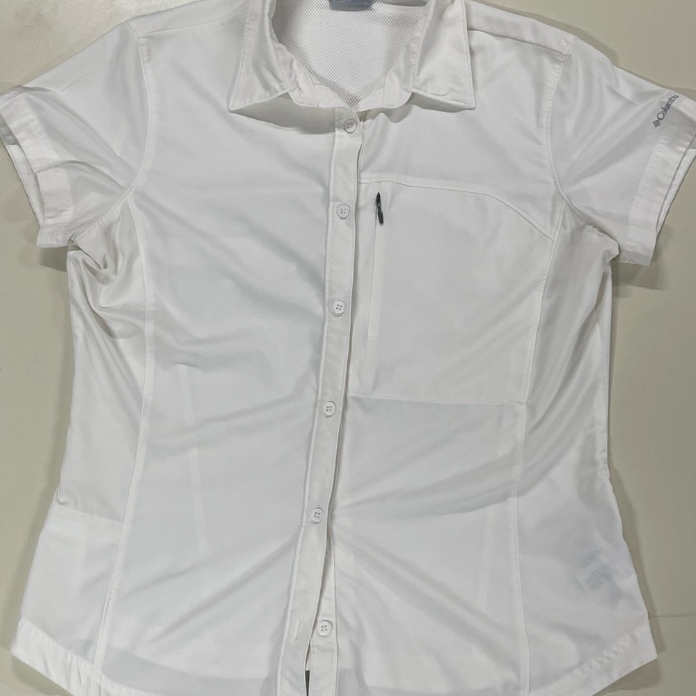 COLUMBIA PFG Omni-Shade White Button Shirt Women’s Large Fishing Hiking UV SPF